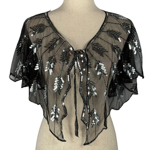 Like new SAACHI Art Deco Black & Silver Sequin Mesh Capelet Size One Size - Picture 4 of 6